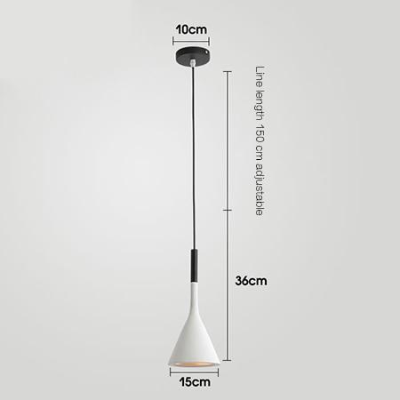 White cone-shaped pendant light with black accents and adjustable cord.