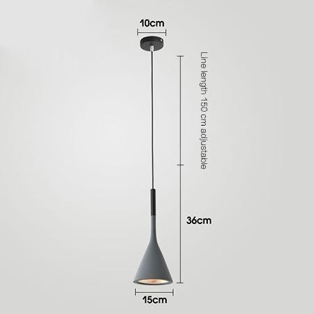 Gray cone-shaped pendant light with black accents and adjustable cord.