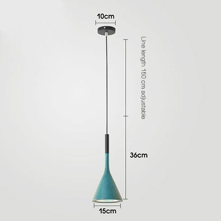 Teal cone-shaped pendant light with adjustable cord, modern design.
