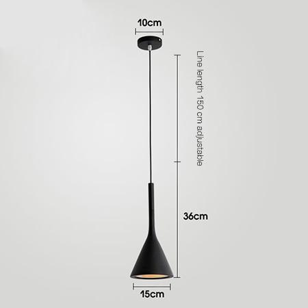Black cone-shaped pendant light with adjustable cord, modern design.