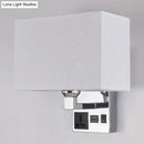 GobekUsa Simple Single White/Flaxen Fabric Rectangle Wall Light with USB Charging Port and 3-Hole Socket