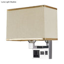 GobekUsa Simple Single White/Flaxen Fabric Rectangle Wall Light with USB Charging Port and 3-Hole Socket