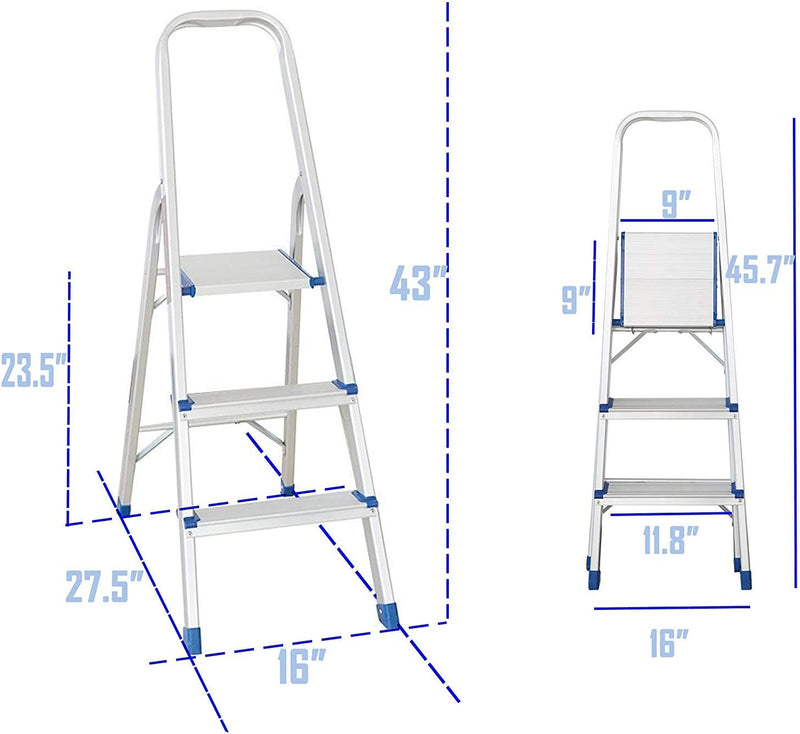 3 Step Non-Slip Aluminum Ladder Folding Platform Stool, 220 lbs Load Capacity