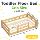Crib Size Wooden Floor Bed Frame with Rails for Toddlers Age 1–3