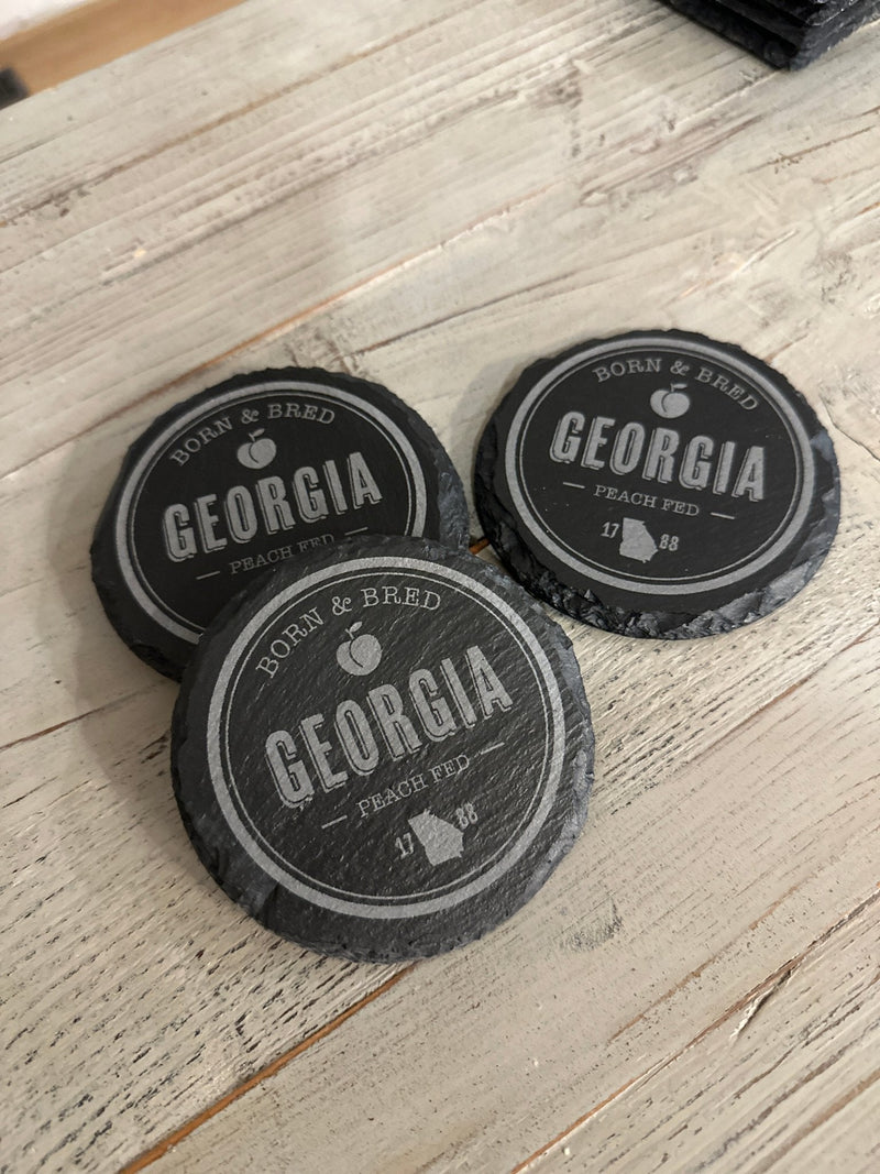 Slate Coaster Set | 4-Piece Set | Round or Square "Georgia Born" Coaster Set