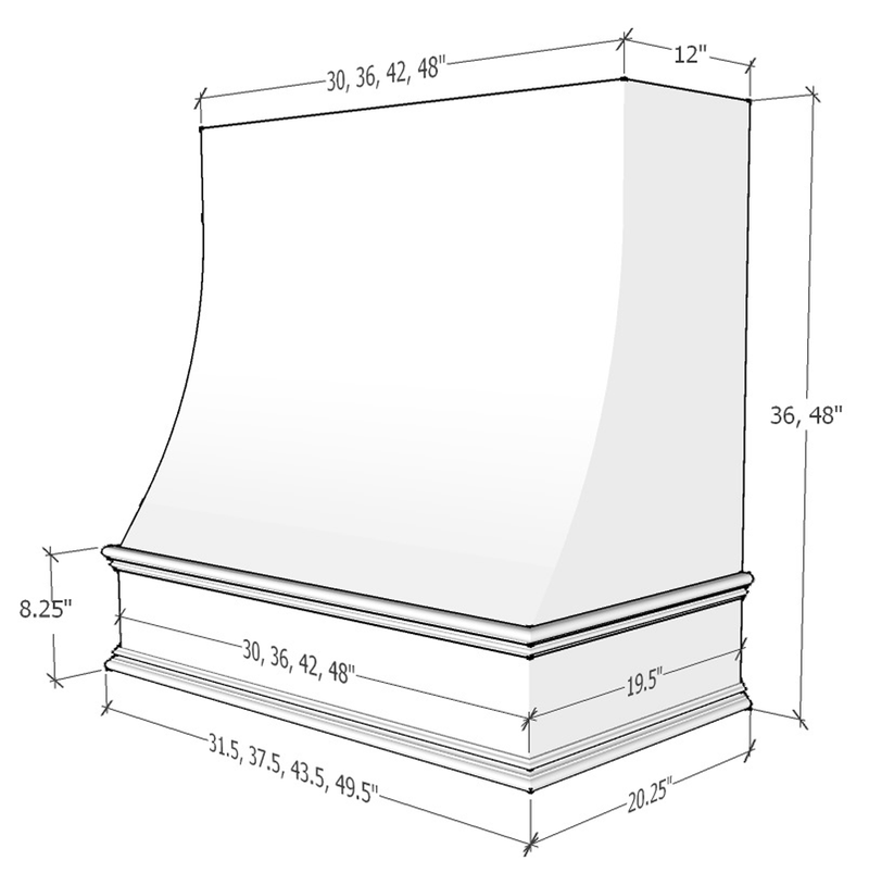 Espresso Wood Range Hood With Sloped Front and Decorative Trim - 30", 36", 42", 48", 54" and 60" Widths Available