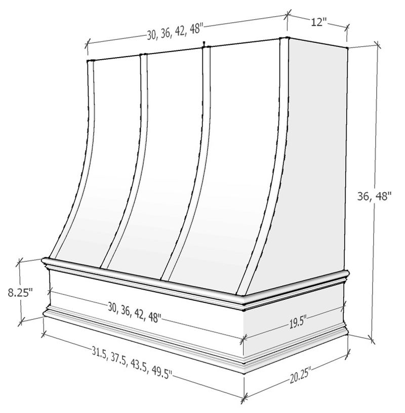 Unfinished Wood Range Hood With Sloped Strapped Front and Decorative Trim - 30", 36", 42", 48", 54" and 60" Widths Available