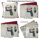 DaDa Bedding Set of 8 Pieces Magical Snowman Holiday Table Tapestry - 4 Placemats, 2 Table Runners, 2 Throw Pillow Covers (9733)