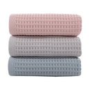 Soft gray blush & blue cotton waffle towel bath set for bathroom by Decorbites