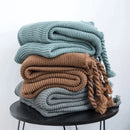 GobekUsa Knit Throw Blanket Ivory Pink Solid Soft Plaid Tassels 50"x62"