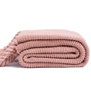GobekUsa Knit Throw Blanket Ivory Pink Solid Soft Plaid Tassels 50"x62"