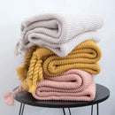 GobekUsa Knit Throw Blanket Ivory Pink Solid Soft Plaid Tassels 50"x62"