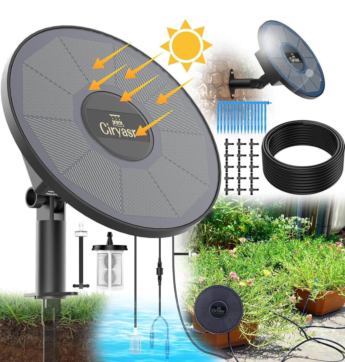 Solar Drip Irrigation System Kit, Automatic Watering System with 6 Timer Modes With 15 Heads