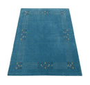 Hand Loomed Wool Area Rug Solid Blue Border Design with Accents by The Rug Decor