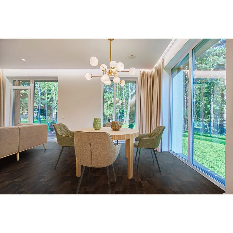 Close-up of Maple Distressed/Handscraped Solid Hardwood Flooring Planks, 3/4 x 5 inches, in a rich Walnut finish, showcasing its natural texture and warmth.