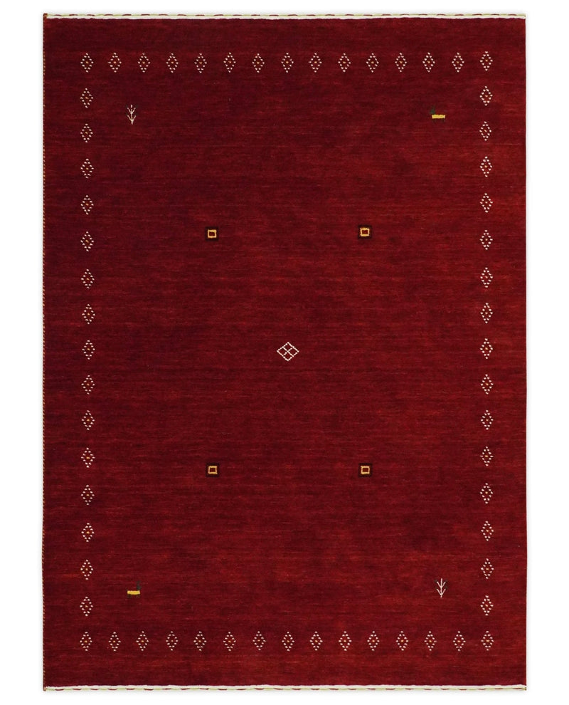 Solid Plain Maroon Geometrical Design Hand loom 4.6x7 wool area Rug