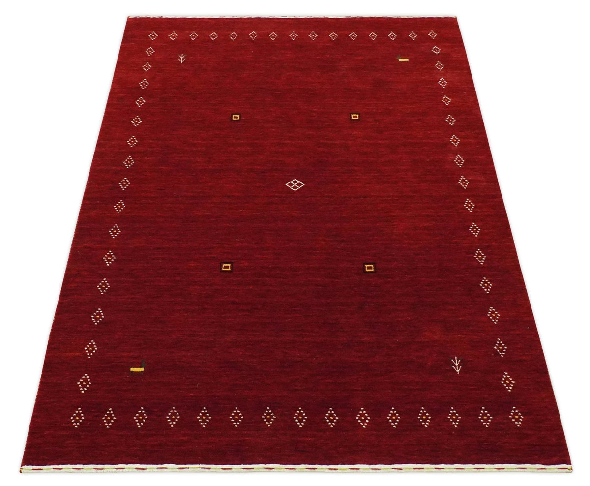 Maroon Wool Area Rug Hand-loomed - Geometric Diamond Design with White Brown Accents, photo 3 of 10