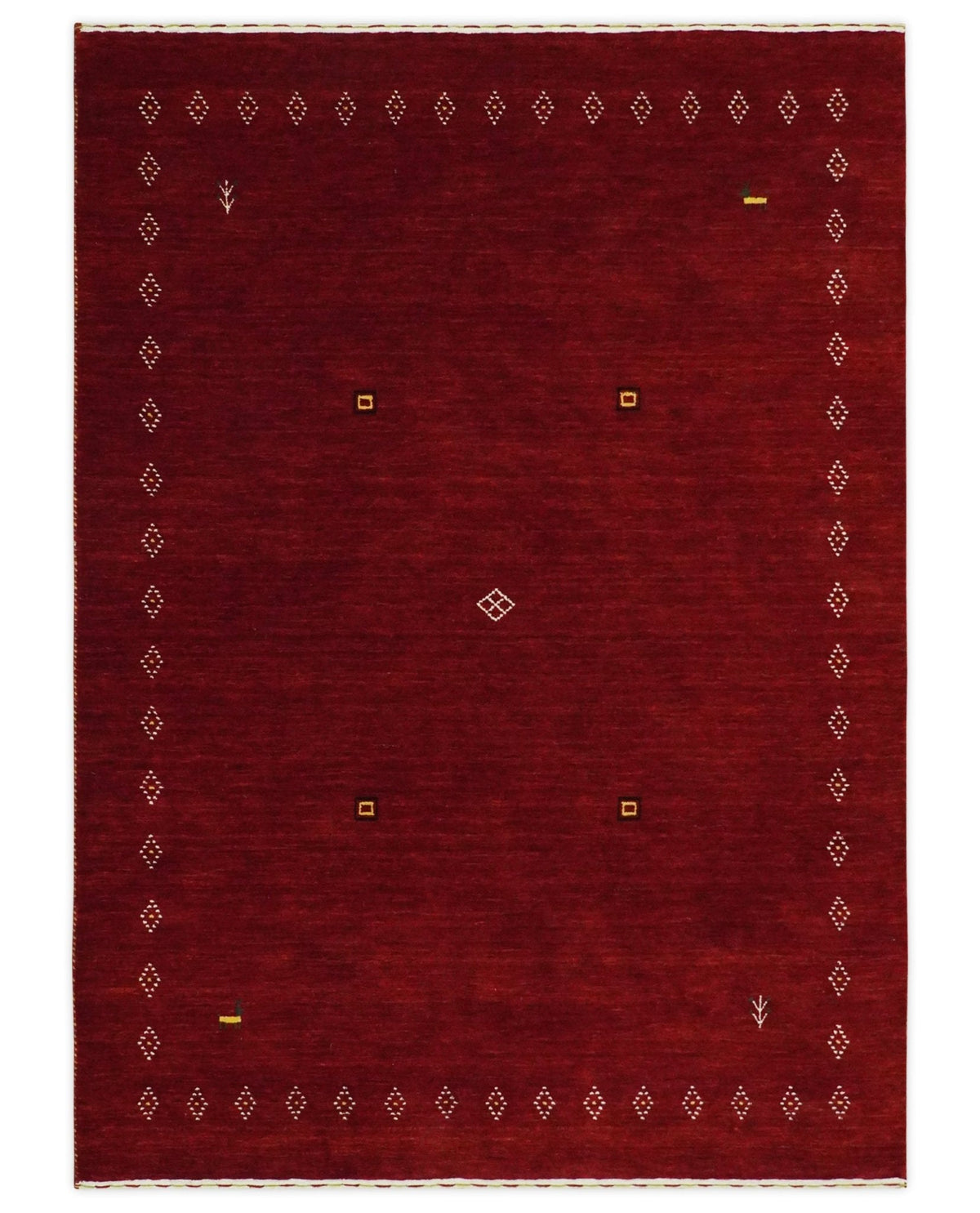 Maroon Wool Area Rug Hand-loomed - Geometric Diamond Design with White Brown Accents