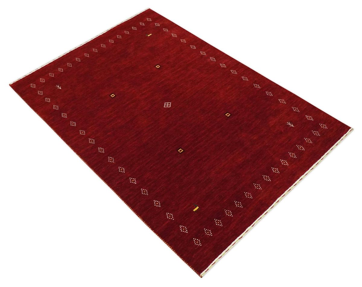 Maroon Wool Area Rug Hand-loomed - Geometric Diamond Design with White Brown Accents, photo 4 of 10