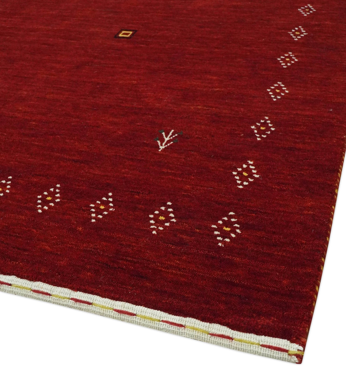 Maroon Wool Area Rug Hand-loomed - Geometric Diamond Design with White Brown Accents, photo 9 of 10