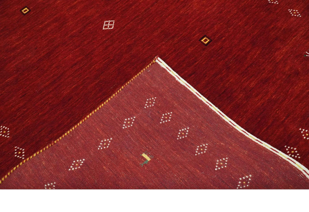 Maroon Wool Area Rug Hand-loomed - Geometric Diamond Design with White Brown Accents, photo 7 of 10