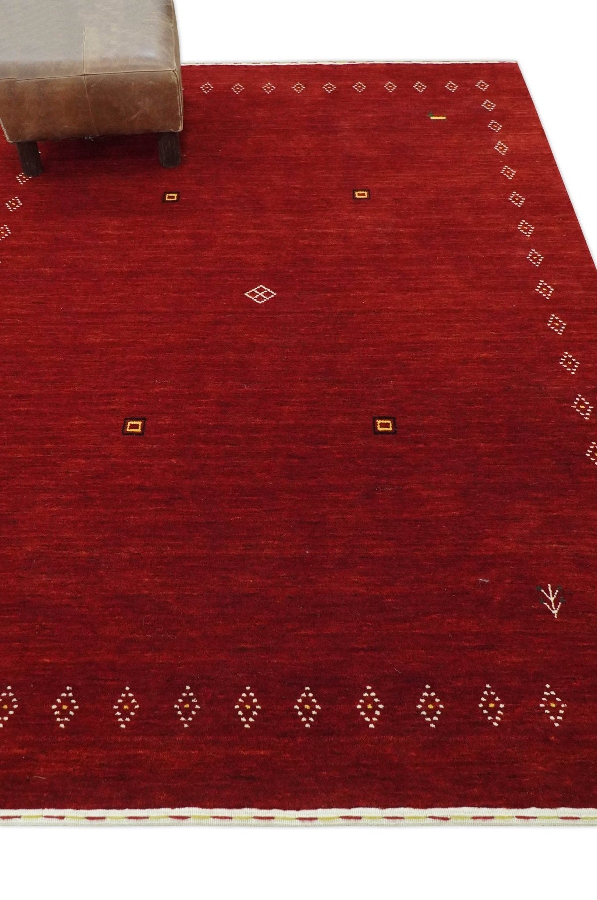 Maroon Wool Area Rug Hand-loomed - Geometric Diamond Design with White Brown Accents, photo 10 of 10