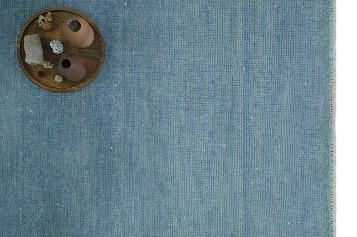 Blue Hand Knotted Wool Area Rug - Modern Minimalist Low Pile, photo 12 of 13