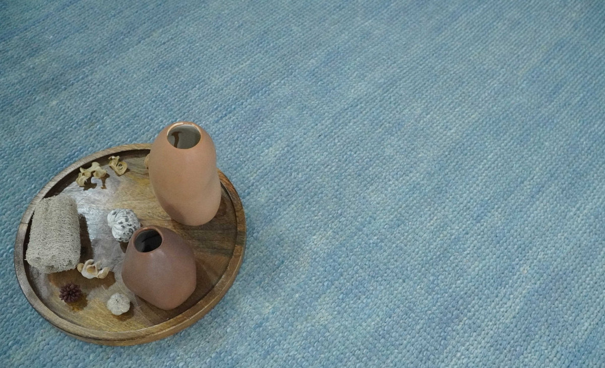 Blue Hand Knotted Wool Area Rug - Modern Minimalist Low Pile, photo 2 of 13