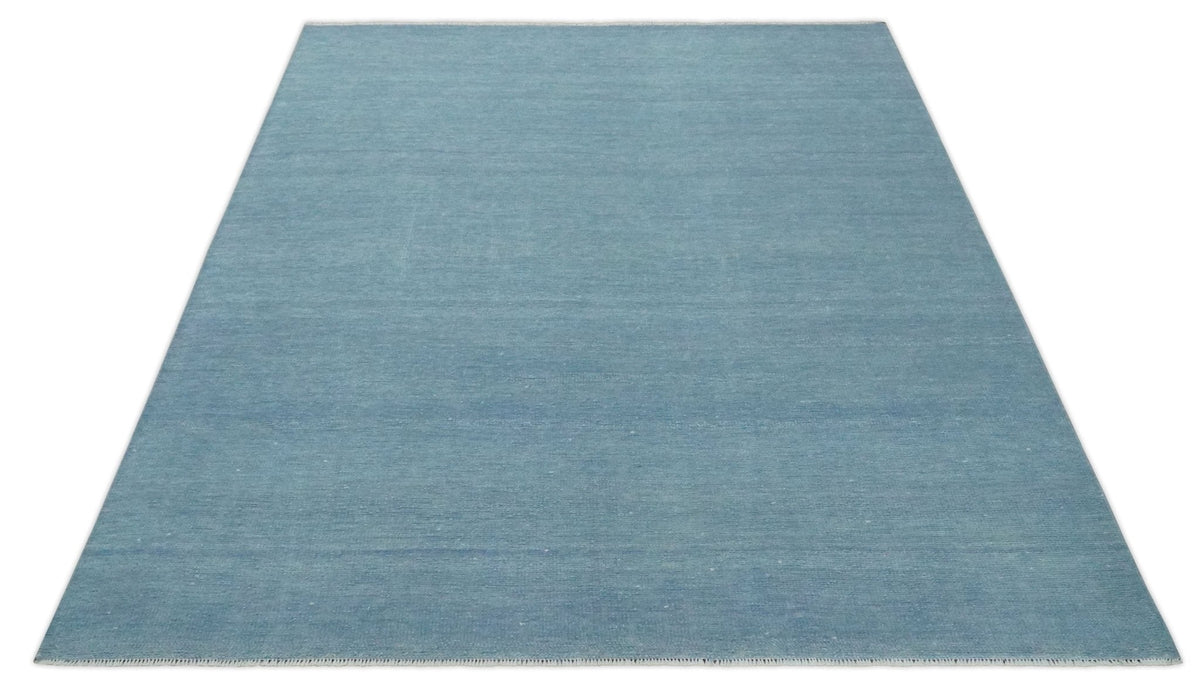 Blue Hand Knotted Wool Area Rug - Modern Minimalist Low Pile, photo 11 of 13