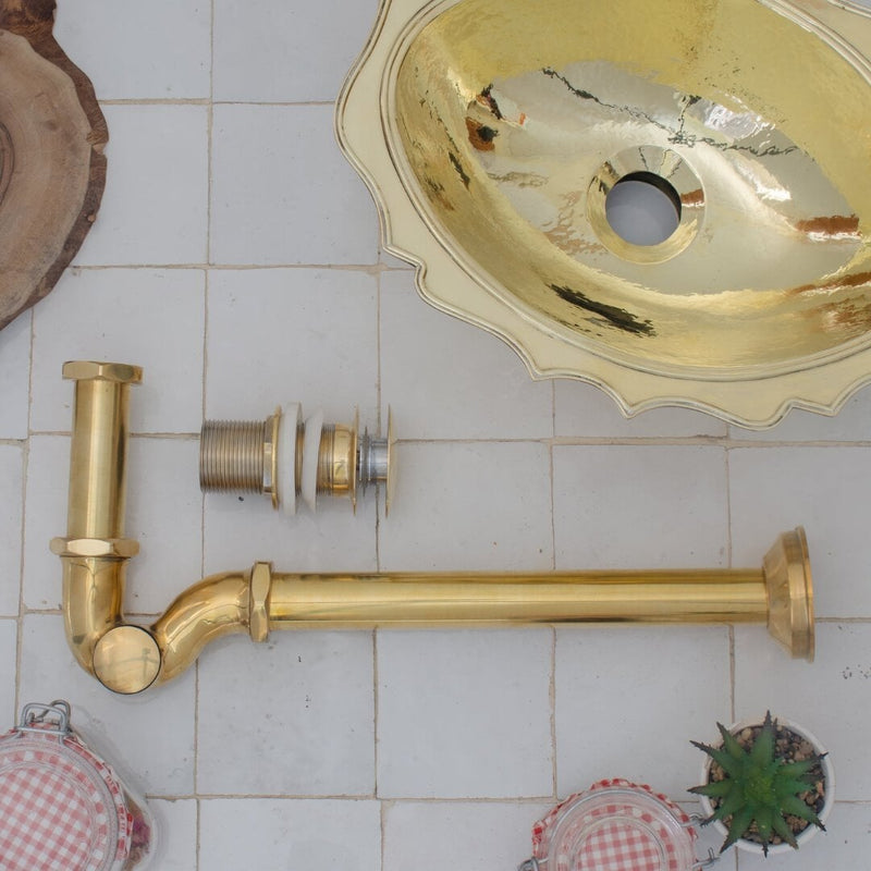 Solid Unlacquered Brass P-trap and Sink Stopper, Push Up Button, Pop Up Drain, Brass Water Trap