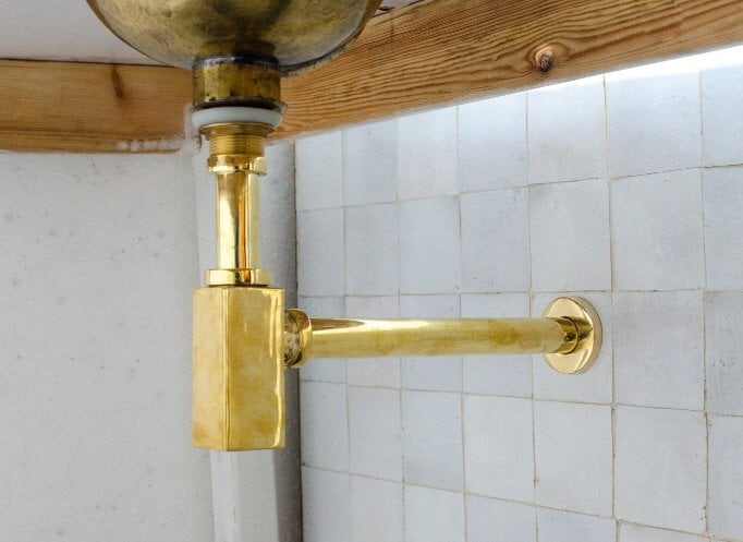 Solid Unlacquered Brass P-trap and Sink Stopper, Push Up Button, Pop Up Drain, Brass Water Trap