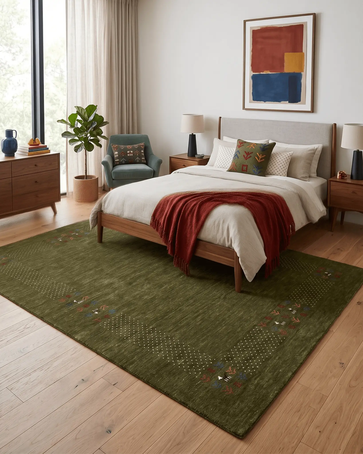 Hand Loomed Wool Area Rug - Solid Center with Decorative Border, photo 2 of 12