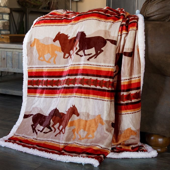 Southwest Running Horse Sherpa Throw Blanket