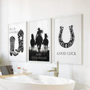 Black White Western Cowgirl 3 Piece Art. Boots, Horseshoe by Wall Art Set