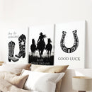 Black White Western Cowgirl 3 Piece Art. Boots, Horseshoe by Wall Art Set