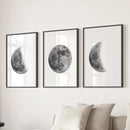 Moon Phases Set of 3 Prints. Black and White Lunar Cycle by Wall Art Set