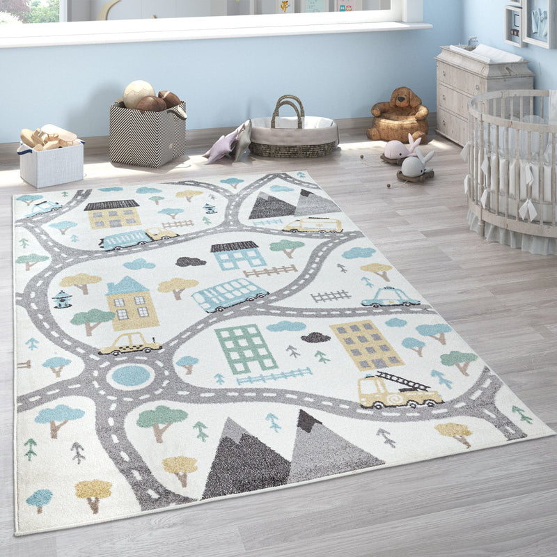 Nursery Rug Nino with Town Streets and Cars Motif in Pastel Colors