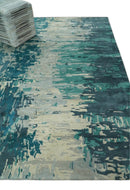 Modern Abstract Wool Area Rug 9x9 - Teal Silver Beige Hand Tufted