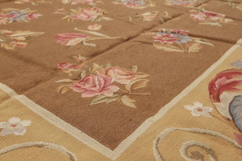 9' x 12' Hand woven Wool French Aubusson Needlepoint Area rug Brown