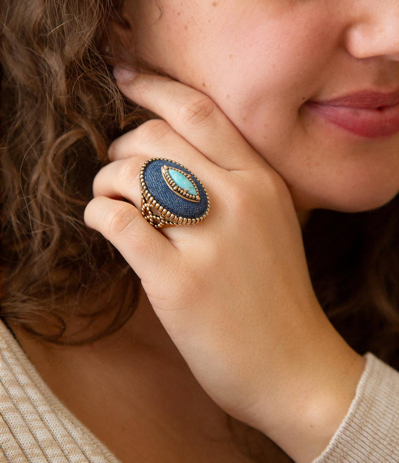 Stacked Blue Turquoise and Denim Golden Statement Ring
