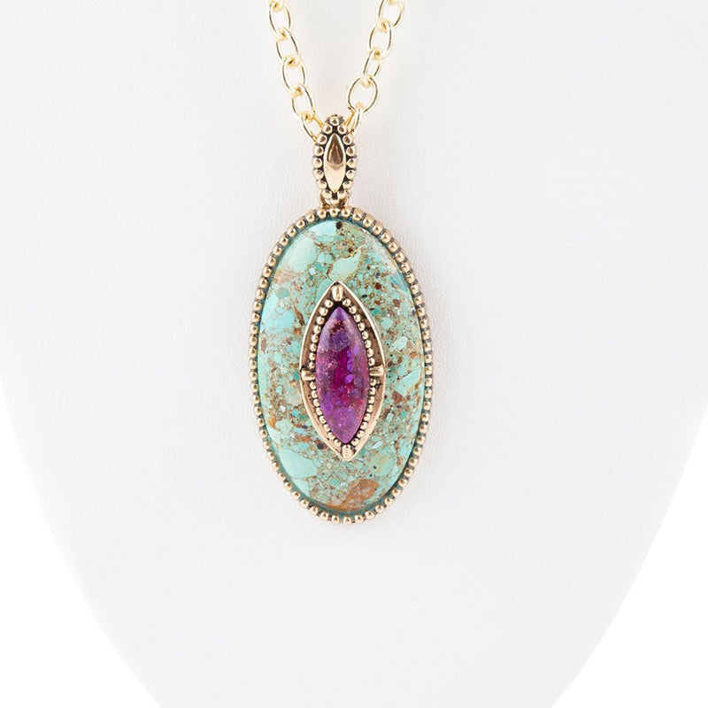 Stacked Stone Blue and Purple Turquoise Golden Pendant Chain Necklace