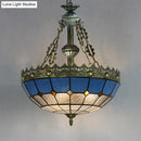 GobekUsa Adjustable Stained Glass Ceiling Pendant - Mediterranean Bowl Drop Light with Metal Chain - White/Clear