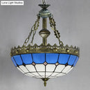 GobekUsa Adjustable Stained Glass Ceiling Pendant - Mediterranean Bowl Drop Light with Metal Chain - White/Clear