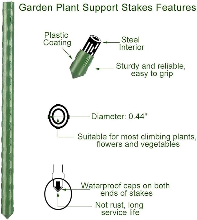 Sturdy Coated Steel Garden Stakes (available in lengths of: 2.5', 3', 4', 5', and 6') All plant sticks are 7/16" diameter.