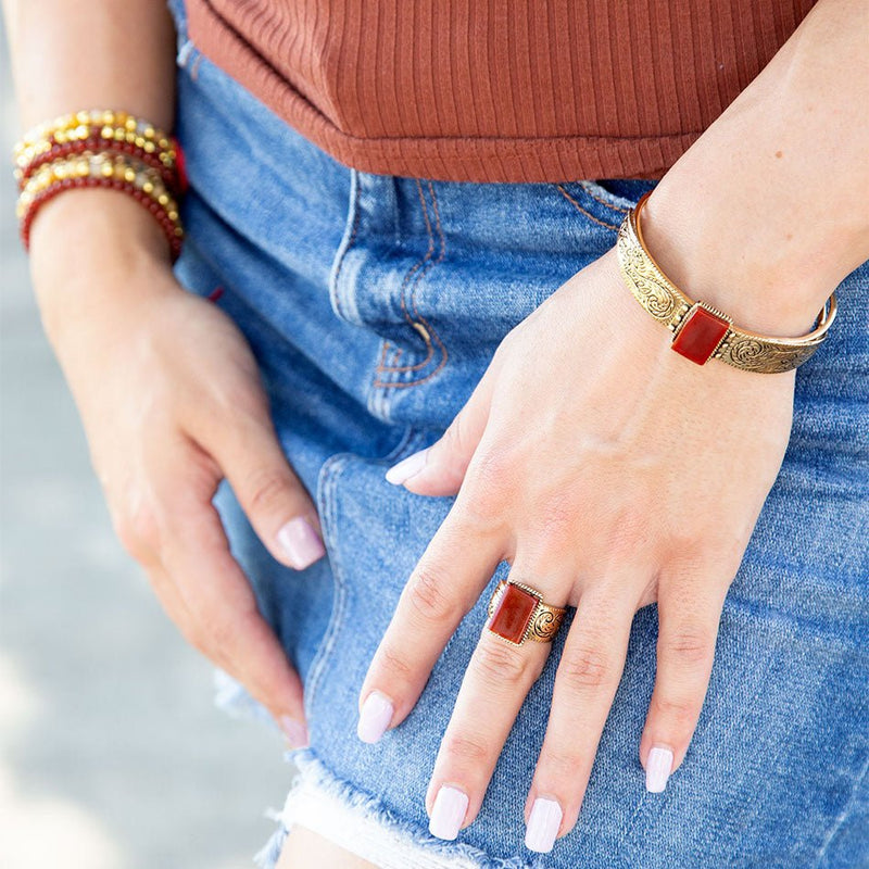 Stamped Orange Carnelian Golden Cuff Bracelet