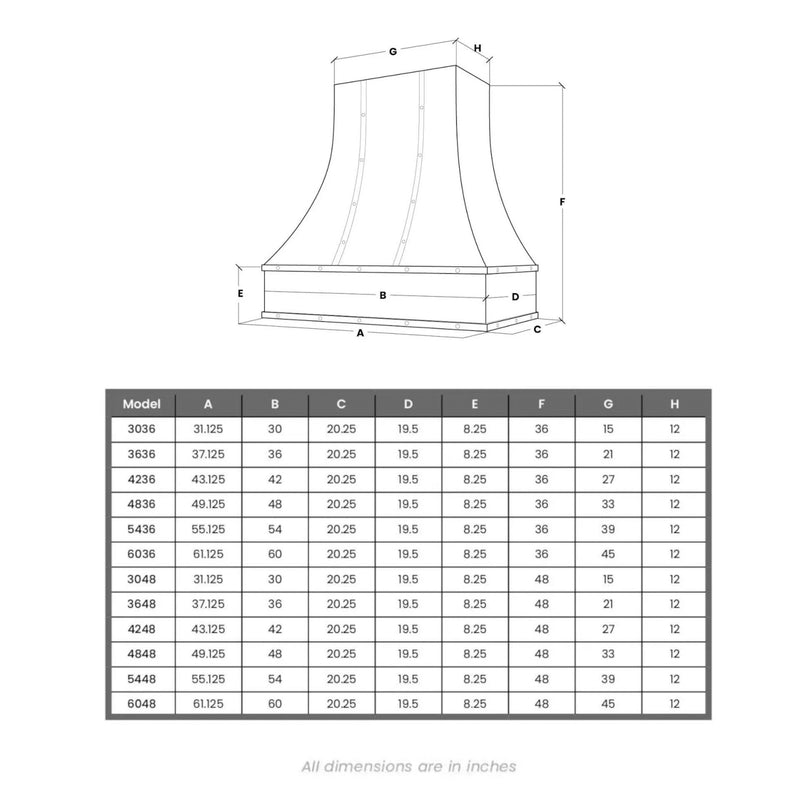 Primed Range Hood With Curved Front, Brass Strapping and Buttons - 30", 36", 42", 48", 54" and 60" Widths Available