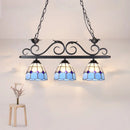 GobekUsa Stylish Tiffany Pendant Light Fixture - Stainless Glass Blue Island Lighting with Grid Dome Shade, 3 Heads - Curved/Bird Design