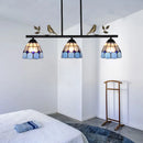 GobekUsa Stylish Tiffany Pendant Light Fixture - Stainless Glass Blue Island Lighting with Grid Dome Shade, 3 Heads - Curved/Bird Design