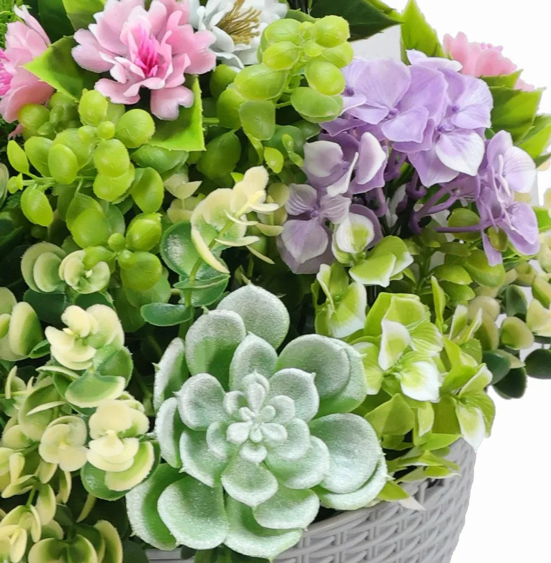Succulent Artificial Hanging Basket 14in – UV Resistant, close-up of the surface