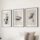 Minimalist Japanese Set of 3 Prints. Black and White Flowers Decor by Wall Art Set